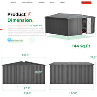 12 Ft. W X 12 Ft. D Dark Gray Metal Garden Sheds and Outdoor Storage Shed Lockable for Backyard (144 Sq. Ft.)
