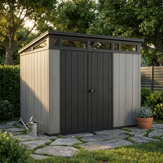 Artisan 9X7 Foot Large Outdoor Shed & Floor W/Modern Design, Grey — Studio Shot