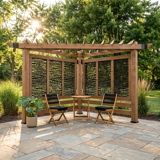 Verona 8 Ft. X 8 Ft. Light Brown Wooden Cabana Pergola with Bamboo Privacy Panels — Studio Shot