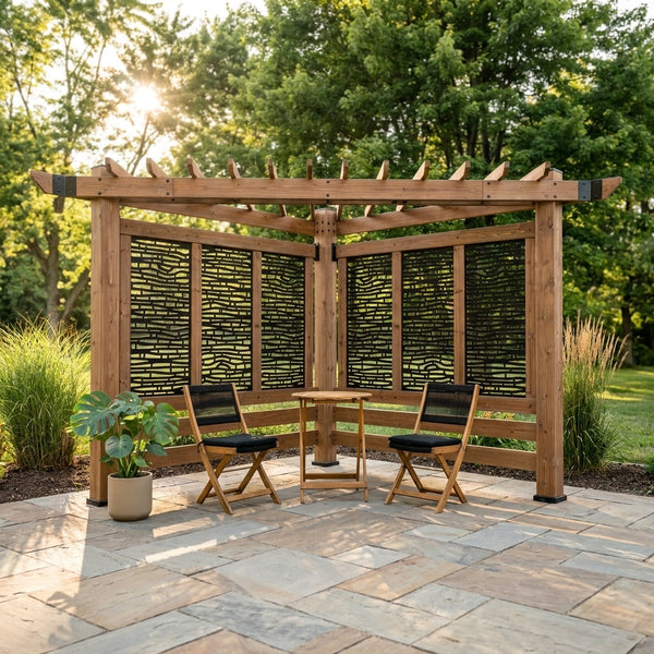Verona 8 Ft. X 8 Ft. Light Brown Wooden Cabana Pergola with Bamboo Privacy Panels — Studio Shot